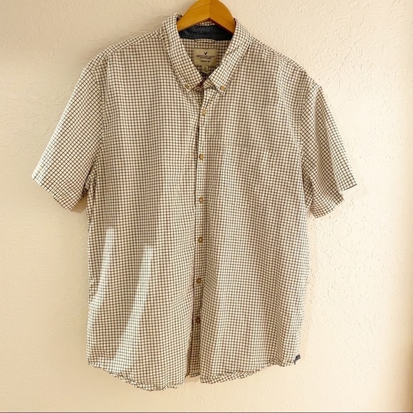 American Eagle Seriously Soft White Blue Plaid Short Sleeve Button Up Men's XXL‎ - Picture 1 of 8